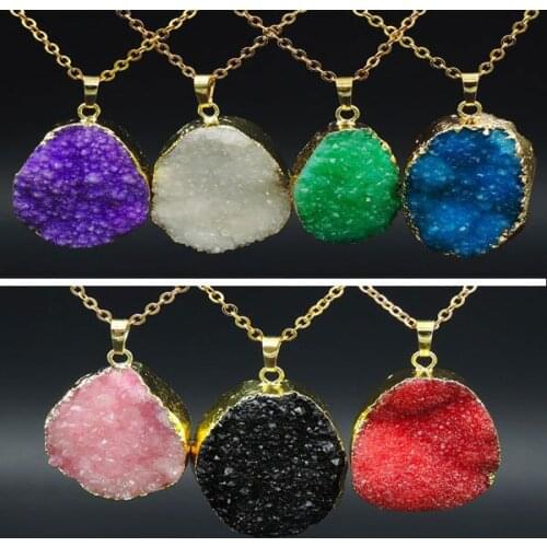 Mixed Colors Crystal Druzy Oval Pendants Necklaces Of Gold Plating 25-35 mm Long