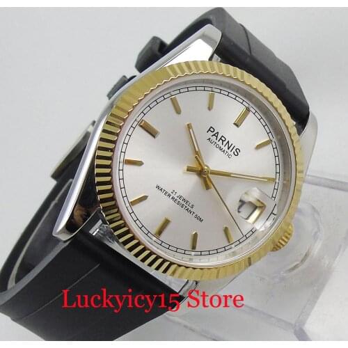 PARNIS 21-Jewery Luxury 36mm Automatic Mens Watch Gold Plated Date Display Rubber Strap Auto Movement