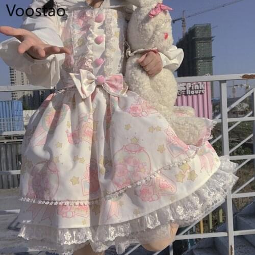 Japanese Sweet Cute Jsk Lolita Dress Women Vintage Victorian Gothic Cartoon Angel Pig Bow Lace Princess Kawaii Sleeveless Dress