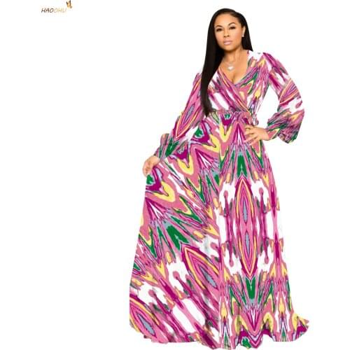 HAOOHU Beach Chiffon Long Dresses Womens Clothing Plus Size Dresses 2021 Autumn Urban Casual Fashion Print Large Swing Dress