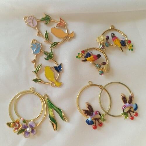 Fashion drop oil flower birds pendant component for necklace bracelets anklets DIY earrings findings accessories