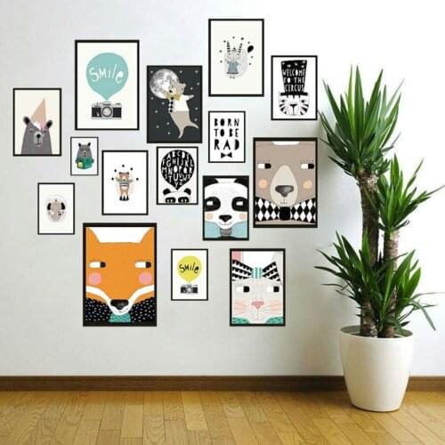 Simple Nordic Creative Canvas Painting Cartoon Animal Fox Cat Bear Poster Childrens Room Kindergarten Wall Art Decor Pictures