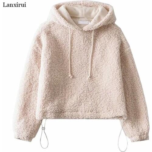 Womens Casual Furry Pullovers Ladies Pockets Soft Lamb Wool Trendy Street Style Hooded Overcoat Autumn Winter