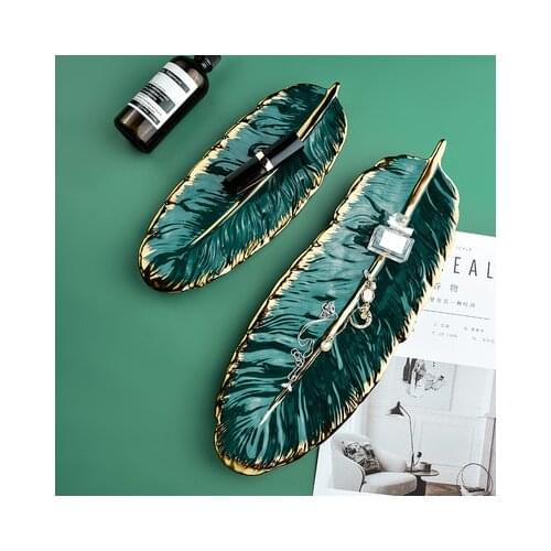 Luxury Ceramic Platter Storage Tray with Glod Rim Green Leaf Glod Feather Jewelry Makeup Brush Storage Decorative Sushi Plate