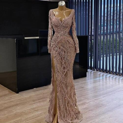 Robe De Soiree Illusion Beaded Prom Dresses Custom Long Sleeve Mermaid Formal Dubai Middle East Evening Party Gown 2021