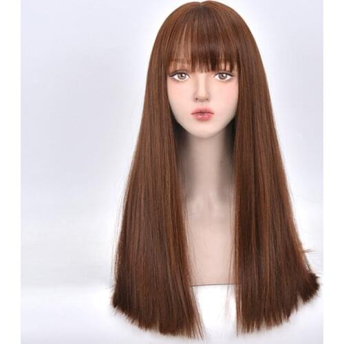 VICWIG Long Straight Synthetic Hair Womens Mixed Linen/Black Everyday Wig with Bangs Heat-resistant Rose Net