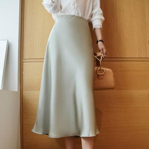 Limiguyue Summer Elegant Silky Satin Skirt women midi skirt office elastic waist Luxury Solid A-line Female Skirts femme K336