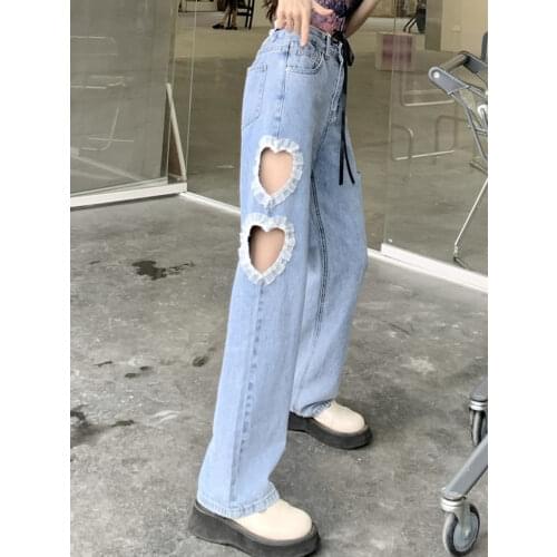 High Waist Casual Jeans Women Denim Pants 2021 Spirng Autumn Female Loose Wide Leg Pant Heart Holes Trouses Plus Size 4XL