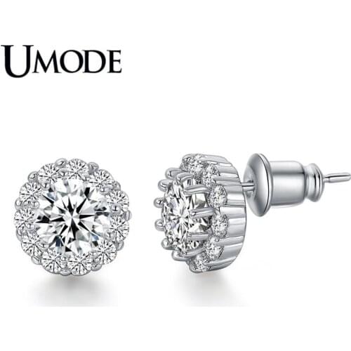 UMODE New Paved CZ Crystal Stud Earrings for Women 6mm 0.75 Carat Zircon White Gold Jewelry Brincos Pendientes Moda AUE0017