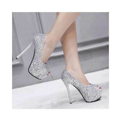 Female Single Shoes Women Pumps 2020 NEW Spring Fish Mouth Waterproof Platform Fine Heel Sequins High Heels 12-14CM Shallow OL