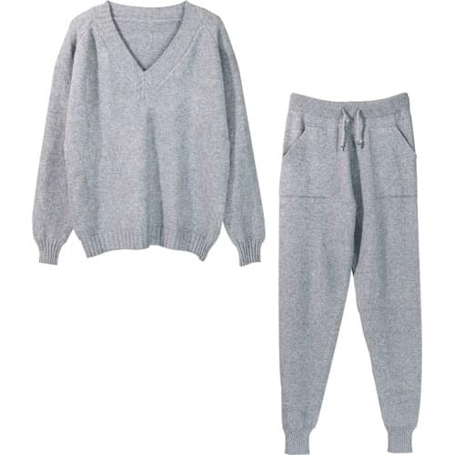 Women Trasckuist Jogging Two Piece Sets New 2021 Spring Autumn V Neck Sweater Pants Outfits Woman Streetwear Knitted Sportsuits