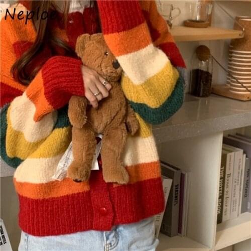 Neploe Rainbow Striped Sweater Women Autumn 2021 New Loose Casual Style Knitted Pullovers Female Thickened Sweater Tops Mujer