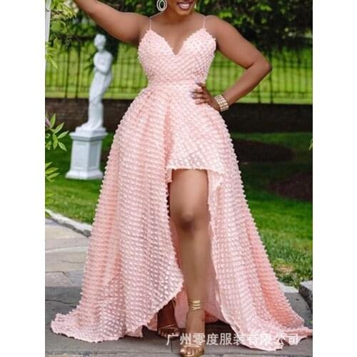 Echoine Pink Strap V-neck Long Maxi Dress Irregular Short Front Long Back Vintage Vestidos Backless Sundress 2021 Summer Robe