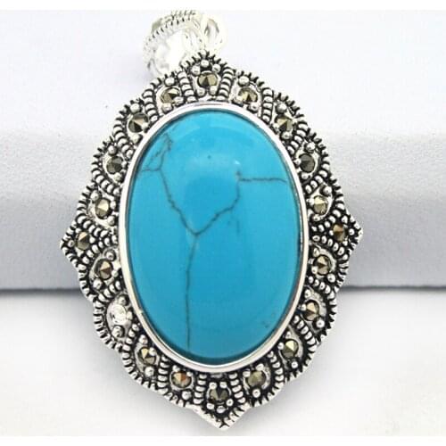 925 STERLING SILVER MIRROR SHAPE OVAL BLUE jade MARCASITE PENDANT 27*43mm