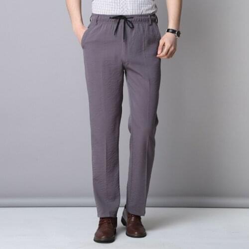 Mens casual pants fitness straight polyester blends long trousers plus size 2019 summer elastic waist grey navy black slacks
