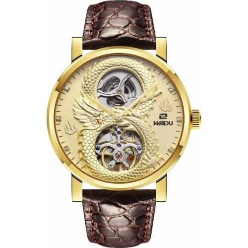 Luxury Brand Carving Dragon Automatic Mechanical Men Watch Gold Tourbillon leather strap Wrist Watch Relogio Masculino A77