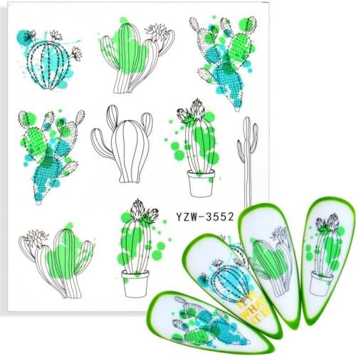 Sketch Cactus Simple Green Theme Water Decal Sticker Flower Leaf Tree Summer DIY Slider For Manicuring Nail Art Watermarks