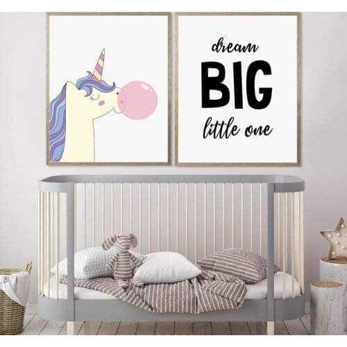 Cartoon Bubble Unicorn Canvas Painting Print Nursery Wall Art Picture Dream Big Little One Quotes Poster Baby Girls Room Decor