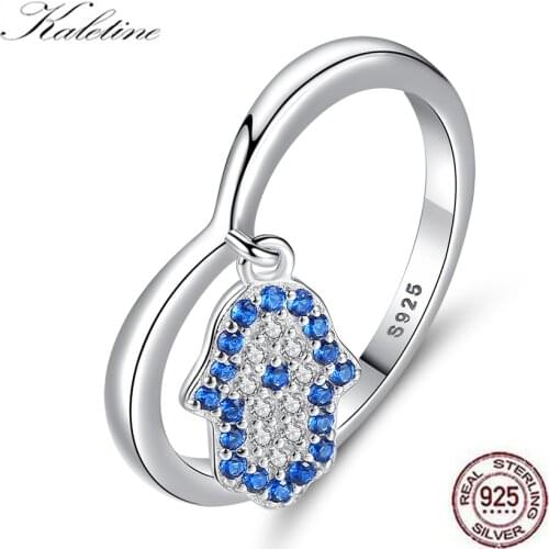 KALETINE 925 Sterling Silver Ring Blue Eye Hamsa Hand Fatima Pendant Evil Eye Rings For Women CZ Heart Ring Wedding Jewelry