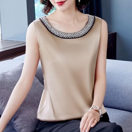 Elegant summer women satin silk tank tops camis women beaded diamond sleeveless vest female ladies work tops shirt blouse