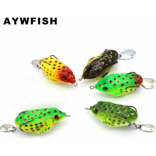AYWFISH Set Lure 5PCS A LOT 55mm 12g Soft Plastic Frog Sharp Double Hook Topwater Tackle Rotate Metal Blade Spoon Fishing Baits