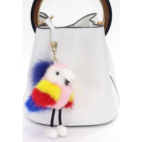 Luxury Keychain Real Mink Fur Animal Little Cute Parrot Keyring Fluffy Colorful Bird Bag Charm Pendant Plush Car Key Chains