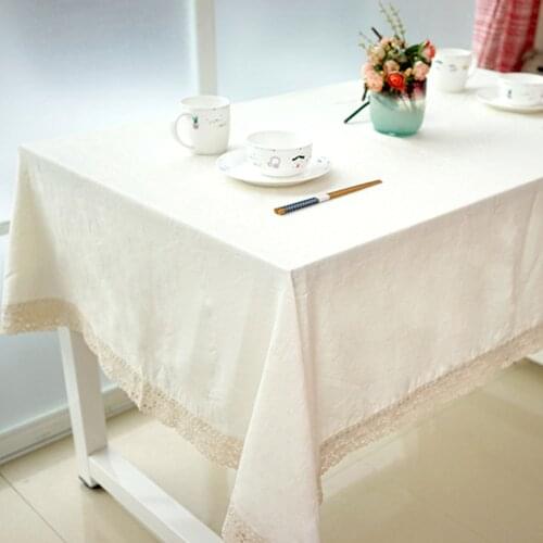 Christmas Linen Cotton Thicken Solid Tablecloth White Lace Hem Splice Washable Coffee Dinner Table Cloth for Wedding Banquet