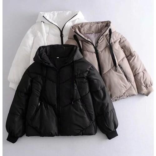Za Womens Parkas Jackets With Hoody Thick Coat Winter Warm Outwear Zipper Jackets Solid Fashion Coat Loose Casual Woman Jacket