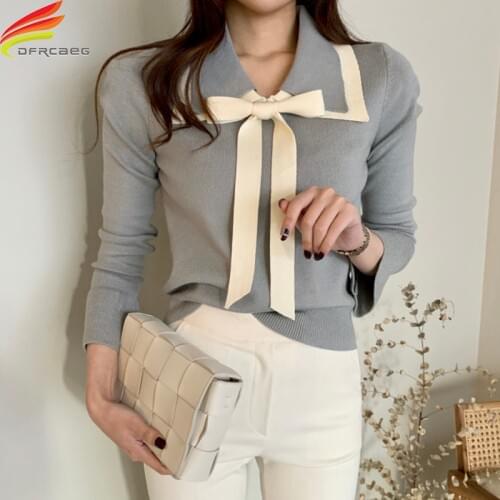 Patchwork Turn-down Collar Womens Sweaters With Bow 2020 Autumn Winter New Arrival Long Flare Sleeve Gray Black Pullover Women