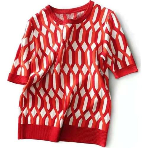 GGRIGHT Summer O-Neck Contrast Geometry Knitted Sweater Women 2021 Short Sleeve Sweaters Pullovers Korean Jumper Tops Pull Femme