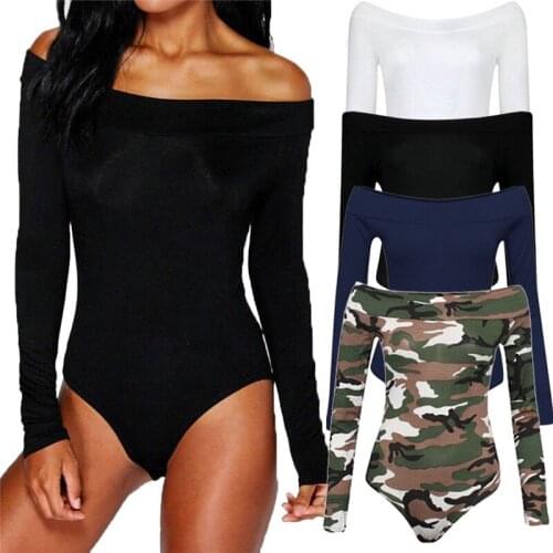 Off Shoulder Camouflage Ribbed Knitted Sexy Bodysuit Women Black Autumn Slim Rompers Womens Jumpsuit Winter Basic Bodysuits
