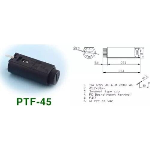 Free shipping 10PCS x PTF45 Vertical Fuse Holder PTF-45 5*20mm Panel Mount Fuse Holder