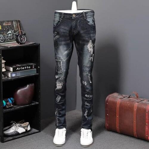 Free Shipping New 2020 mens male American jeans Spring autumn elastic hole patch straight slim trousers embroidery personality