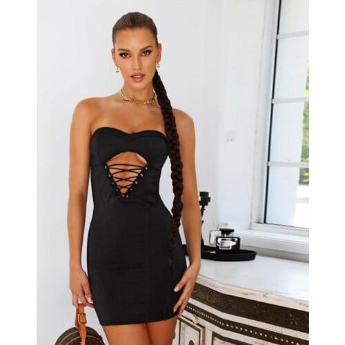Free Shipping Wholesale Womens Dress Black Strapless Hollow Out Mini Sexy Celebrity Cocktail Party Bandage Dress