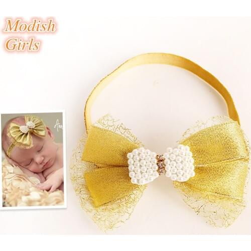 Big Size Gold Bowknot with Bow Bead Cute Party Hair Bows White Pearl Headbands Princess Crystal Elastic Kids Hairbands 10pcs/lot