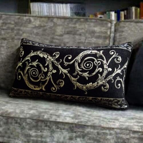 DUNXDECO Cushion Cover Decorative Waist Pillow Case Vintage Chinese Black Gold Abstract Flora Jacquard Art Sofa Chair Coussin