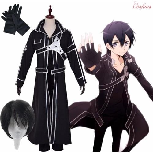 Anime Sword Art Online SAO Kirito Cosplay Costume Kirigaya Kazuto Robe Long Overcoat Trench Kirito Wig Cloak Belt Shoulder Strap