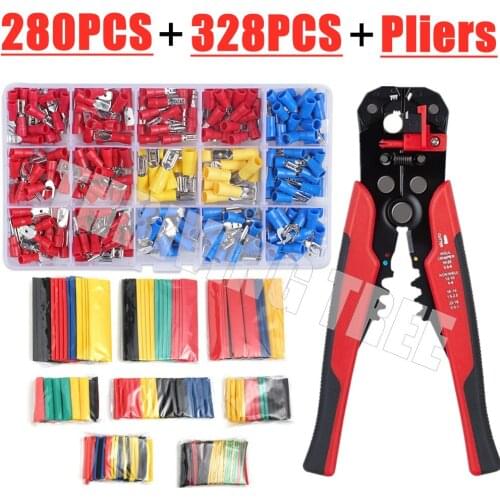 328/280PCS Insulated Spade Butt Ring Fork Ring Lugs Rolled Cable Terminals Electrical Crimp Connector + Wire Stripper Plier