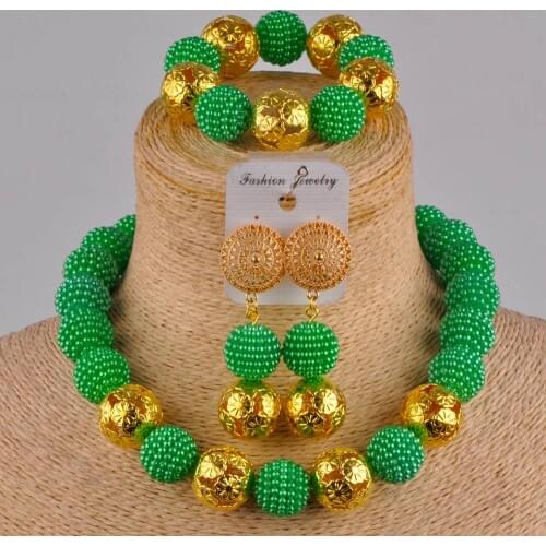 Green african wedding jewelry set simulated pearl nigerian beads necklace FZZ32