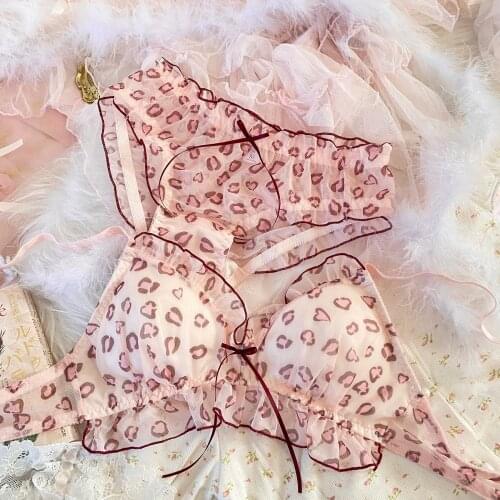 Wriufred Girls leopard-print lingerie set net yarn no steel ring thin triangle cup underwear comfortable sleep student bra panty