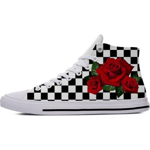 Black and white squares Rose Flower Vogue Funny Casual Cloth Shoes High Top Lightweight Breathable 3D Print Men women Sneakers