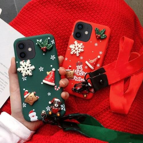 Cute Cartoon Christmas Phone Case For iPhone 11 12 Pro Max 7 8 Plus XR XS X XS MAX 3D Bear Snowflake Couple Cover Capa With Rope