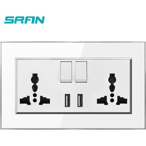 SRAN 3 hole multi-function wall power socket,with USB,with switch,13A 250V White acrylic panel，146 * 86mm universal plug socket
