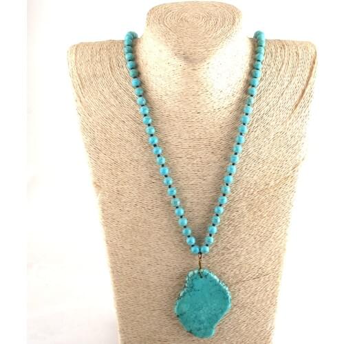 RH Fashion Bohemian Tribal Jewelry Blue Stone Long Knotted Blue Turq Pendant Necklaces For Women Necklace