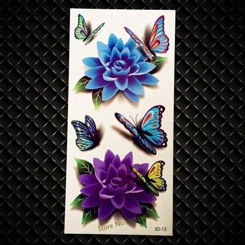 New Beauty Makeup 3D Tattoo Blue Purple Flower Butterfly Design Waterproof Temporary Tattoo Sticker Arm Shoulder Leg Decals GD13