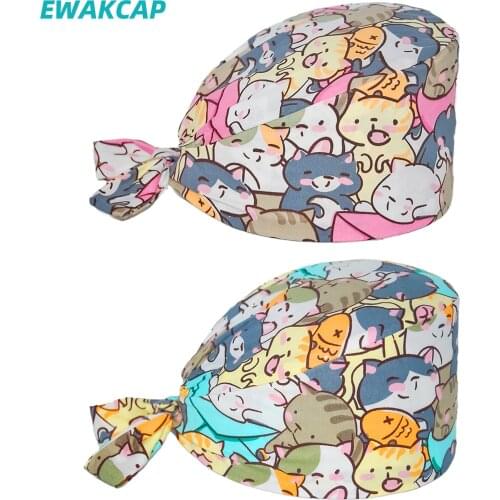 New Scrubs Cap Cotton Adjustable Beauty Salon Pet Lab Nursing Accessories Medical uniforms Cat Printing Work Surgery Caps