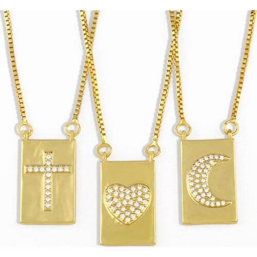FLOLA Polish Cross Necklace For Women White Stone Moon Heart Pendant Necklace Square Geometric Zirconia Gold Jewelry Gift nkes48