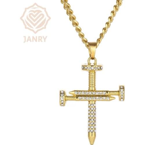 JANRY Full Zircon Cross Nail Pendant Necklace Micro-inlaid Zircon Male Female Hip Hop Necklace With 60cm Chain