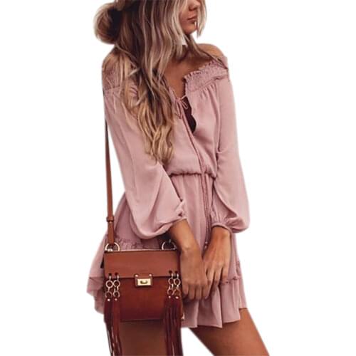 Summer Boho Chiffon Dress Slash Neck Lantern Long Sleeve Beach Dress Women Ruffle Sexy Party Vintage Dresses