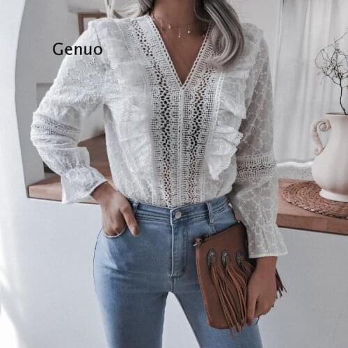 Casual White V-Neck Blouse Spring Autumn Long-Sleeved Ruffled Elegant Womens Shirt Tops Fashion Fashion Lace Blouse New